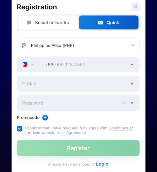 Open the 1win registration form