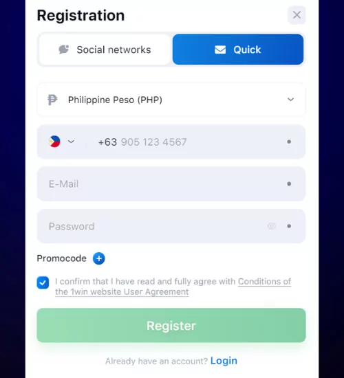 Open the 1win registration form