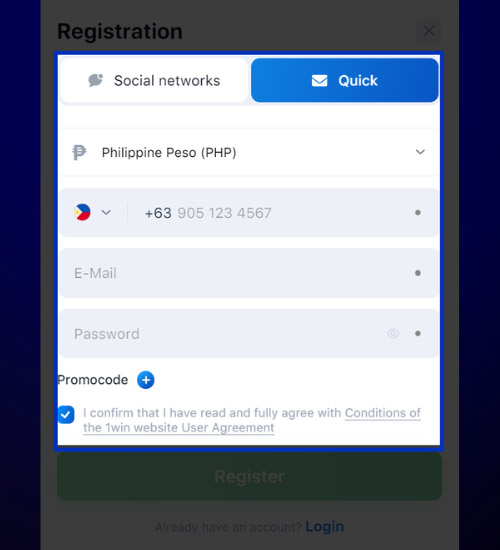 Enter your details in 1win