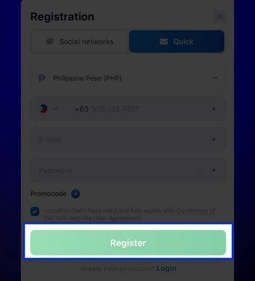 Complete the 1win registration