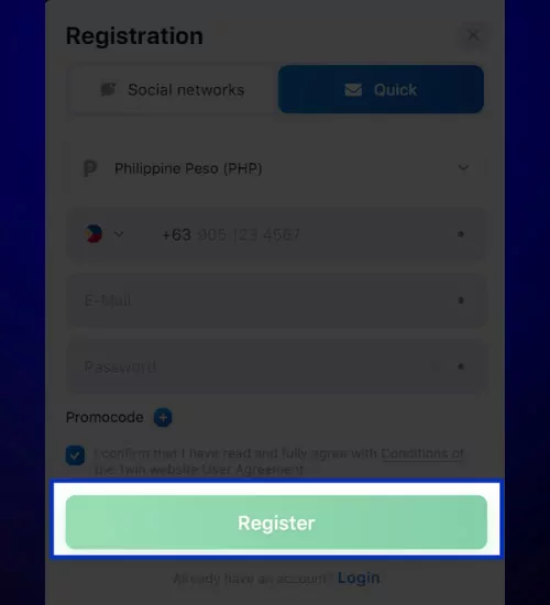 Complete the 1win registration